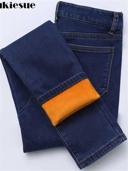 2022 Winter Jeans Women Gold Fleeces inside Thickening Denim Pants High Waist Warm Trousers Female Jeans Woman Pants.
