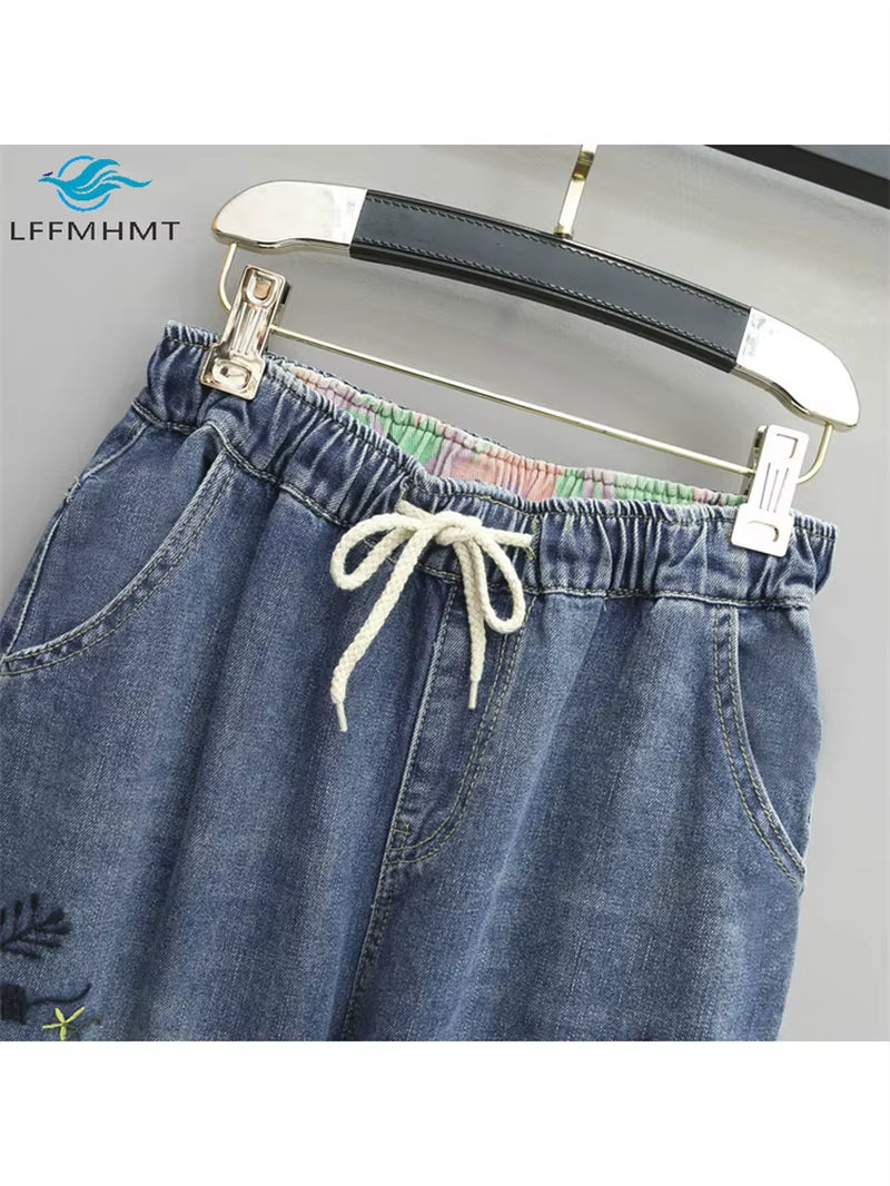 8265 Women Fashion Korea Style Cartoon Cat Embroidery Baggy Elastic Waist High Waist Denim Cropped Pants Female Harem Jeans.