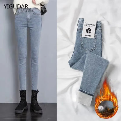 Winter Thick Velvet Women Jeans High Waist Skinny Jeans Simple Fleece Warm Slim Fit Stretch Lady Denim Pencil Pants Baggy Jeans.