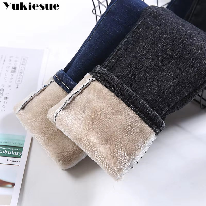 Thick Winter Warm Skinny Jeans for Women Female High Waist Velvet Denim Pants Streetwear Stretch Trousers Clothes.