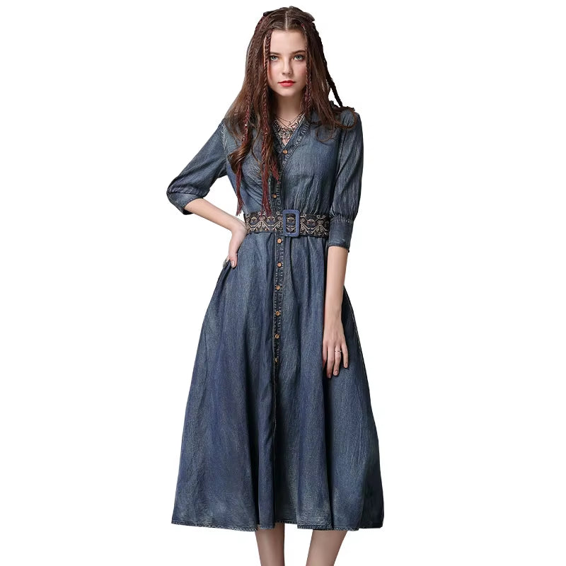 Spring'S New Adult Women'S Retro Dark Blue Jeanswear V-Neck Midsleeved Embroidery Belt Slimming Denim Dress.