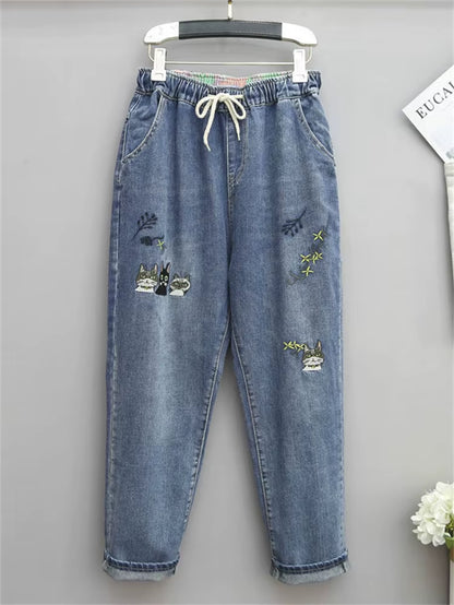 8265 Women Fashion Korea Style Cartoon Cat Embroidery Baggy Elastic Waist High Waist Denim Cropped Pants Female Harem Jeans.