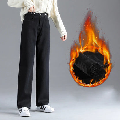 Winter Jeans Women Warm Denim Trousers High Waist Casual Loose Female Denim Pants Thick Velvet Cotton Wide Leg Woman Jeans.