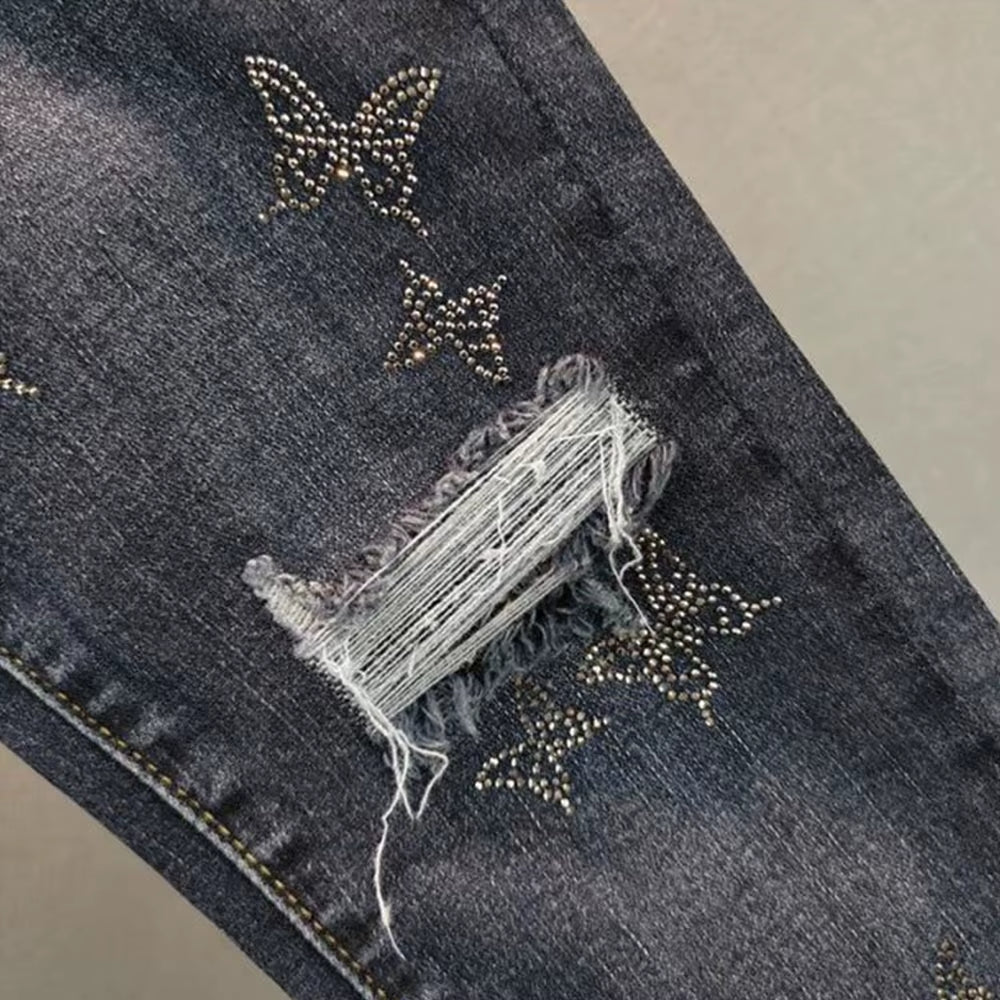 High Waist Jeans Women Beading Butterfly Fashion Ripped Jeans Casual Stretch Jeans Female Washed Denim Pencil Pants.