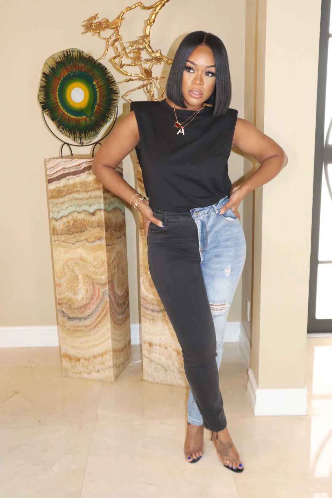 2021 Hot Sale Black Blue Contrast Color High Waist Jeans for Women Fashion Hole Stretch Denim Pencil Pants Hipster Trousers.