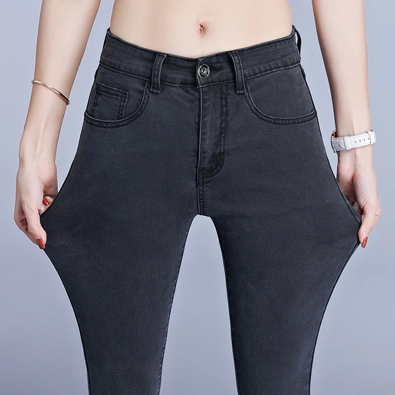 Jeans for Women Mom Jeans Blue Gray Black Woman High Elastic 36 38 40 Stretch Jeans Female Washed Denim Skinny Pencil Pants.