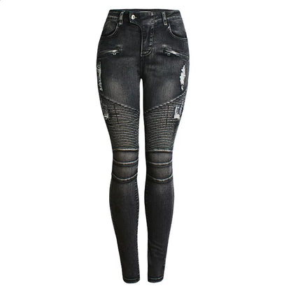 Stretch Ripped Jeans Tall Women Torn Pencil Pants Designer Gothic Punk Motorcycle Denim Trousers Female Low Waist Streetwear.