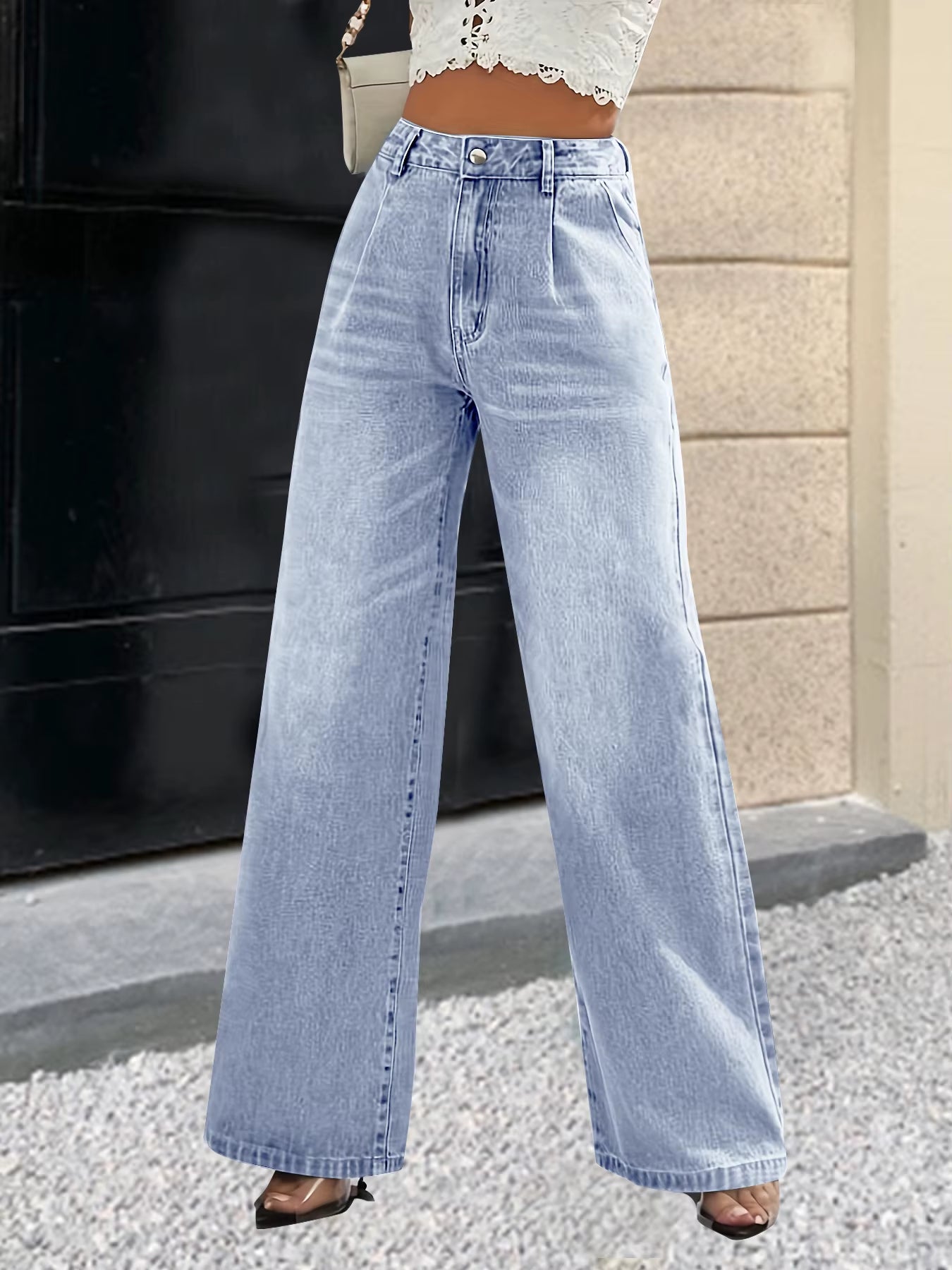 New Women'S Cross-Border European and American Style Solid Color Jeans Women'S Straight Wide Leg Pants Casual All-Match.