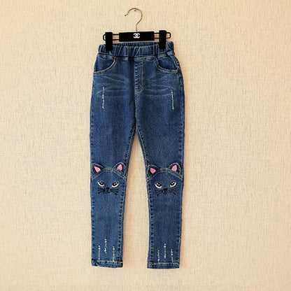 Cute Cartoon Pattern Kids Jeans Spring Autumn Winter Lovely Cat High Quality Children Pants Casual Trouses Baby Girls Jeans.