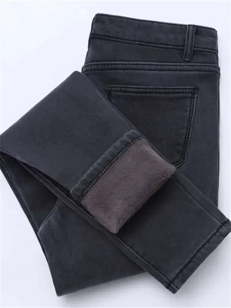 2022 Winter Jeans Women Gold Fleeces inside Thickening Denim Pants High Waist Warm Trousers Female Jeans Woman Pants.