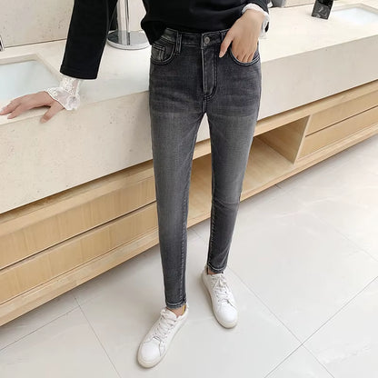 Winter Thick Velvet Women High Waist Skinny Jeans Simple Fleece Warm Slim Fit Stretch Ladies Casual Denim Pencil Pants.
