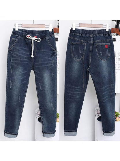 Women Summer Autumn Baggy Elastic Waist Jeans Korea Style Ripped Pants Female 100KG Loose Harem Trousers Cloth.