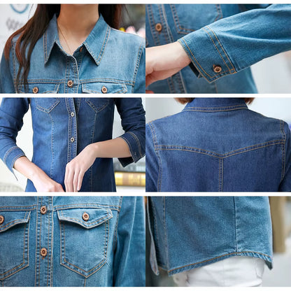 Jeans Shirt Women 2019 Long Sleeve Slim Casual Vintage Elastic Ladies Denim Shirts Tops Blusas Feminina Woman Blouses and Tops.