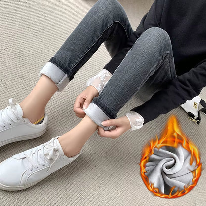 Winter Thick Velvet Women High Waist Skinny Jeans Simple Fleece Warm Slim Fit Stretch Ladies Casual Denim Pencil Pants.