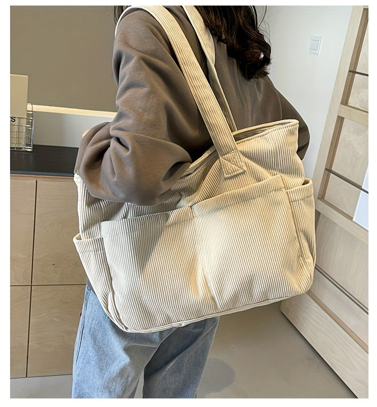 Women's Casual Corduroy Tote Bag Striped Shoulder Bag with Fixed Straps Zipper Large Capacity Handbag for Daily Outings and Shop.