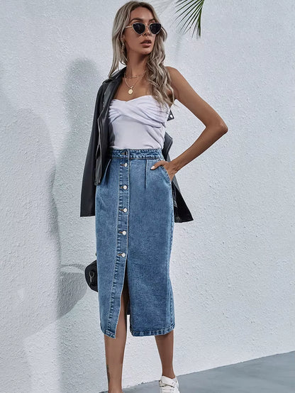 Single Breasted Knee Length Denim Skirt Women Streetwear Casual Pocket High Waist Straight Jeans Skirt New.