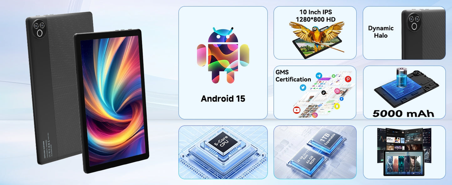 Android 15 Tablet 10 Inch OS GMS Certified Tablets 1.8 GHz 5-Core 20GB RAM 64 GB ROM 1TB Expand WiFi 6 Bluetooth 5.4 Dual Camera.