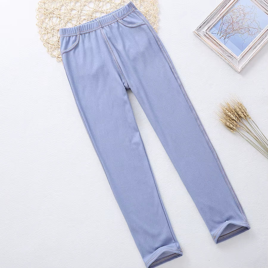 Sheecute New Spring Summer Fashion Girls Pencil Knit Imitation Denim Fabric Jeans Kids Candy Colore Mid Waist Full Length Pants.