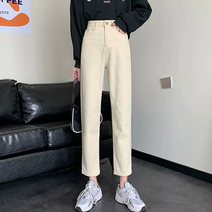 Jeans Women All-Match Korean Style Mopping Trousers Denim Vintage Black Solid High Waist Autumn Baggy Chic Ulzzang Street Casual.