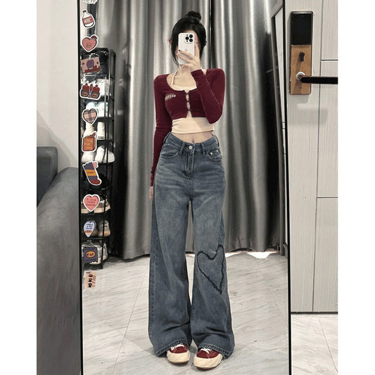 Love Embroidered Wide-Leg Simple Casual Jeans.