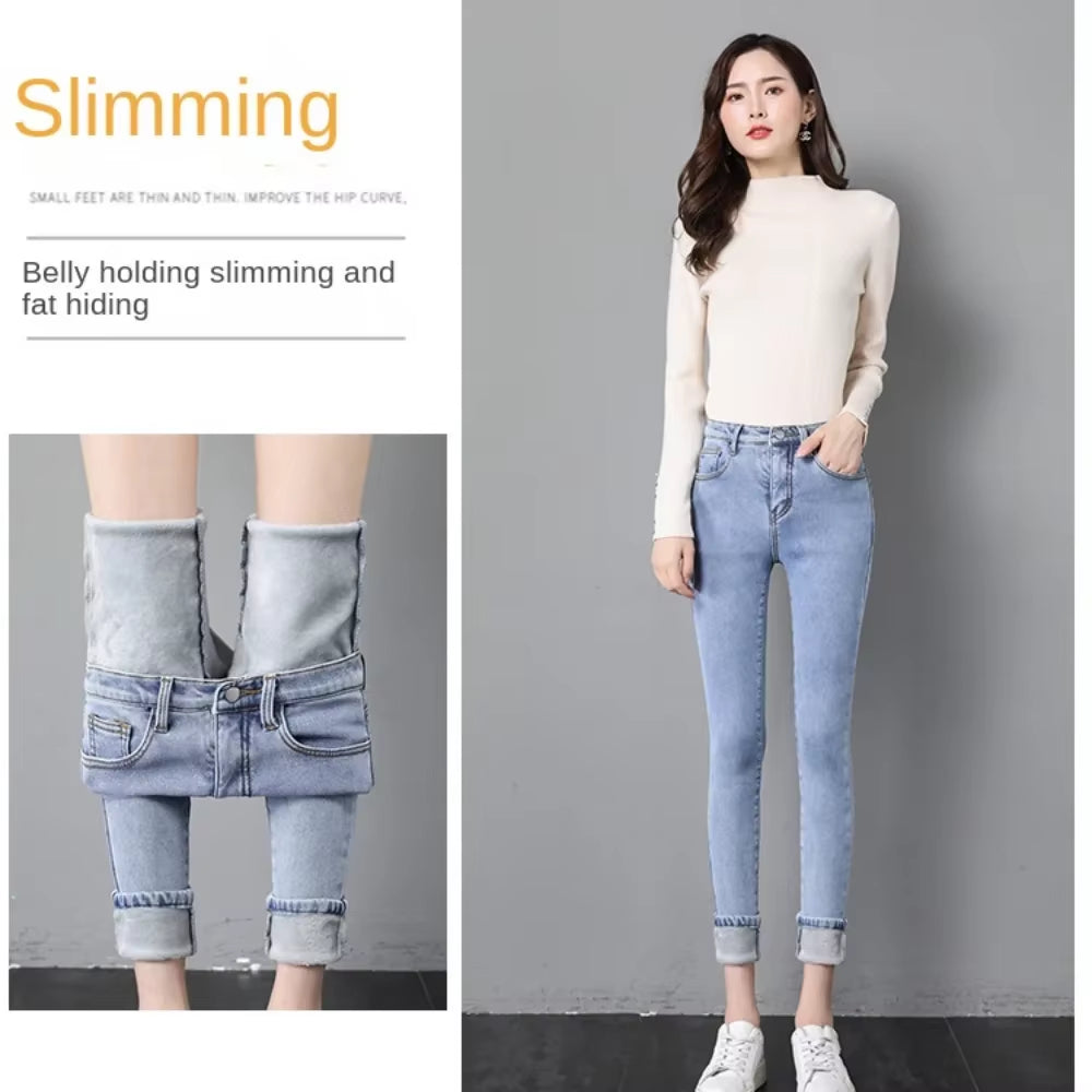 Winter Thick Female Velvet Women High Waist Skinny Jeans Simple Fleece Warm Slim Fit Stretch Ladies Casual Denim Pencil Pants.