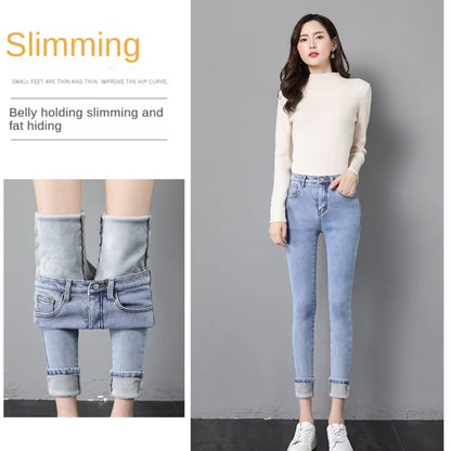 Winter Thick Female Velvet Women High Waist Skinny Jeans Simple Fleece Warm Slim Fit Stretch Ladies Casual Denim Pencil Pants.