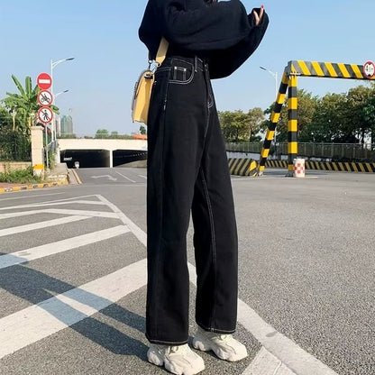 Jeans Women All-Match Korean Style Mopping Trousers Denim Vintage Black Solid High Waist Autumn Baggy Chic Ulzzang Street Casual.