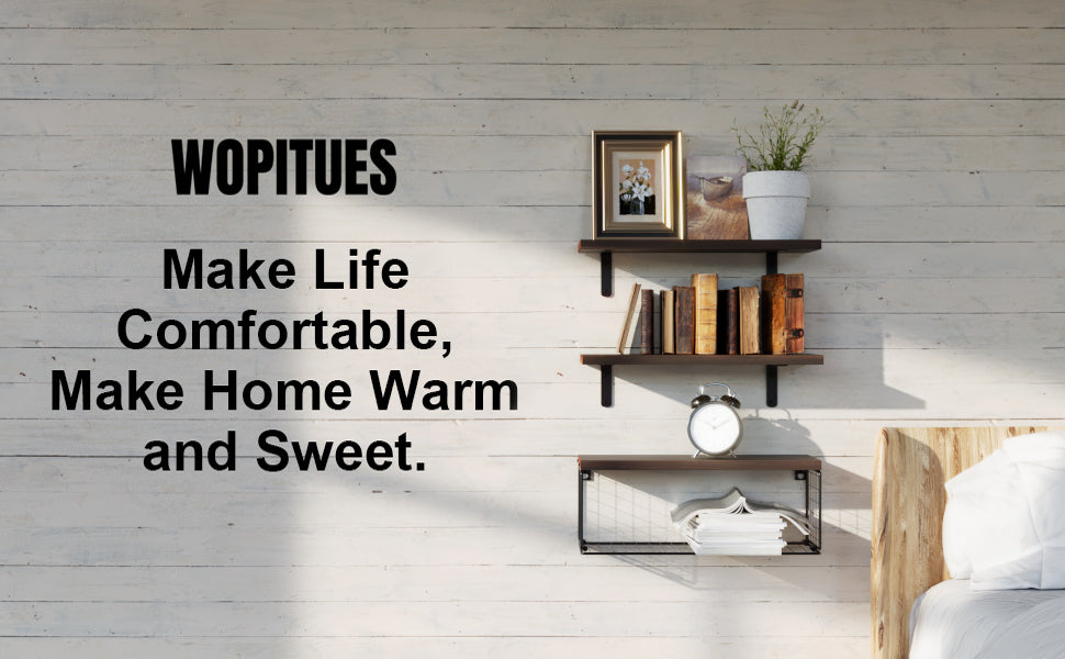 WOPITUES Bathroom Shelf Over Toilet, Floating Bathroom Shelf Wall Mounted with Wire Basket, Floating Shelf for Wall Décor-Rustic