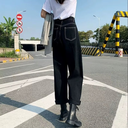 Jeans Women All-Match Korean Style Mopping Trousers Denim Vintage Black Solid High Waist Autumn Baggy Chic Ulzzang Street Casual.