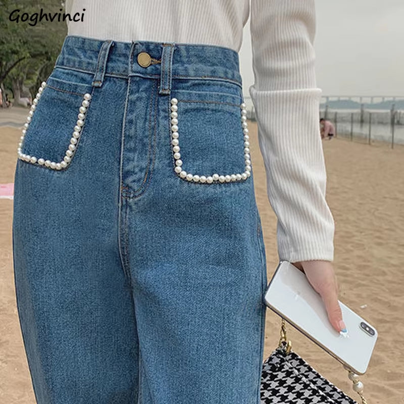 Jeans Women High Waist Vintage Peals Straight Wide Leg Mopping Denim Trousers for Female Retro Streetwear Casual Simple Stylish.