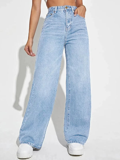 New Best Selling Mid-Waist Straight Jeans Women'S Solid Color Loose All-Match Denim Trousers.