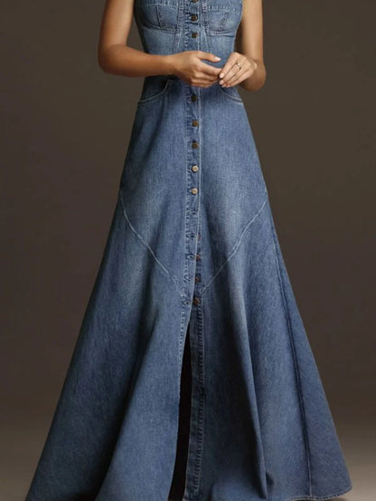 Vintage Square Collar Women'S Denim Tank Dress Summer Maxi Sundress with Buttons Waisted Holiday Solid Robe Fashion 2025.