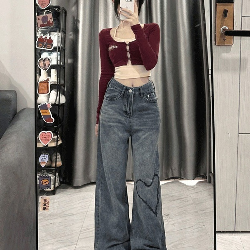 Love Embroidered Wide-Leg Simple Casual Jeans.