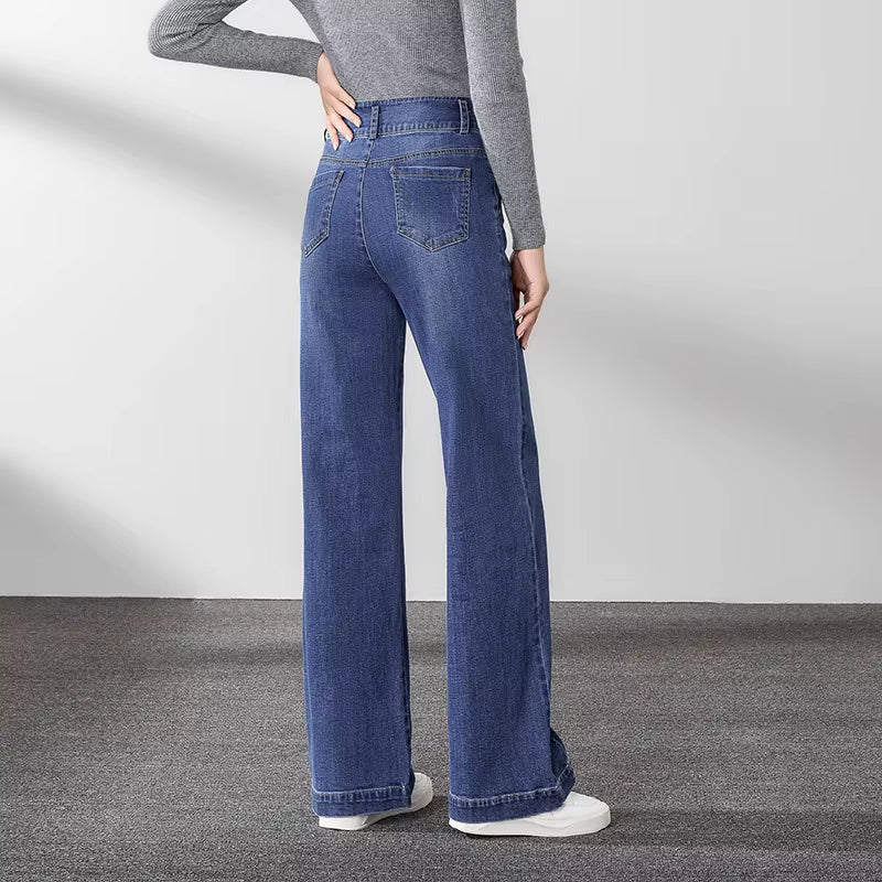Women Straight Leg Striped Stretch 99.3% Cotton Denim Jeans for Autumn Winter Thicken Jeans 2025 New Fashion High Waist Oversize.
