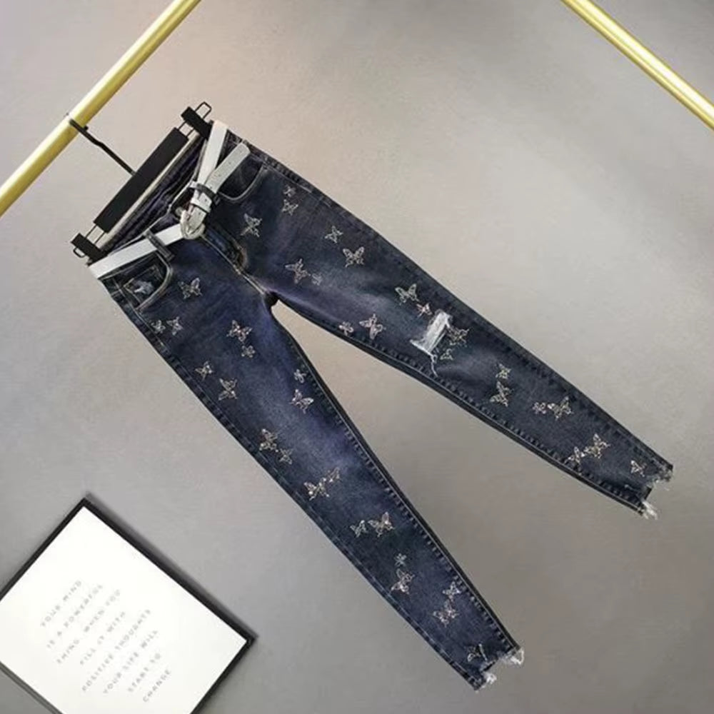 High Waist Jeans Women Beading Butterfly Fashion Ripped Jeans Casual Stretch Jeans Female Washed Denim Pencil Pants.