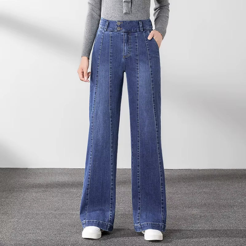 Women Straight Leg Striped Stretch 99.3% Cotton Denim Jeans for Autumn Winter Thicken Jeans 2025 New Fashion High Waist Oversize.