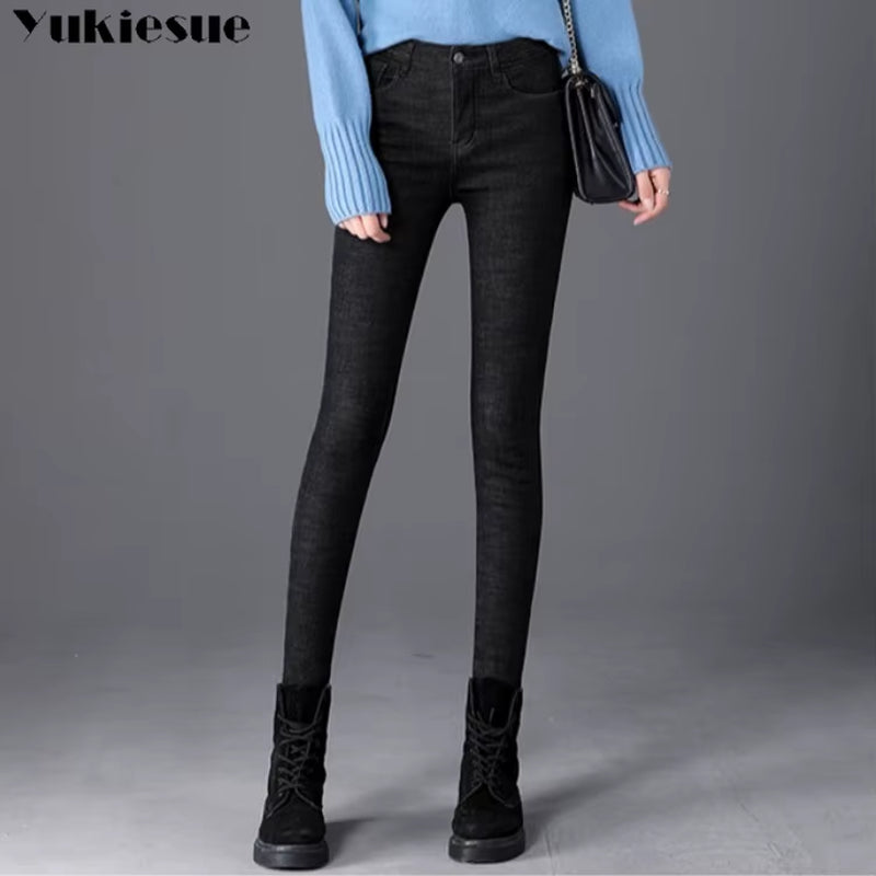 Thick Winter Warm Skinny Jeans for Women Female High Waist Velvet Denim Pants Streetwear Stretch Trousers Clothes.