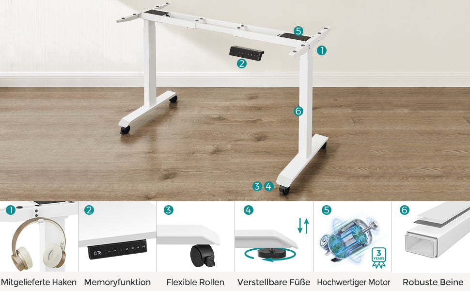 SONGMICS Höhenverstellbarer Schreibtisch elektrisch, Schreibtischständer, Doppelmotor, mit Haken, stufenlos verstellbar