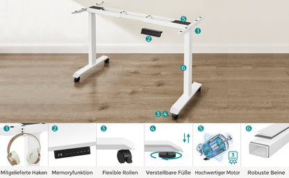 SONGMICS Höhenverstellbarer Schreibtisch elektrisch, Schreibtischständer, Doppelmotor, mit Haken, stufenlos verstellbar