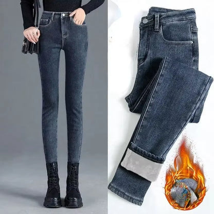 Winter Thick Velvet Women Jeans High Waist Skinny Jeans Simple Fleece Warm Slim Fit Stretch Lady Denim Pencil Pants Baggy Jeans.
