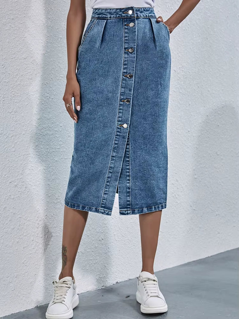 Single Breasted Knee Length Denim Skirt Women Streetwear Casual Pocket High Waist Straight Jeans Skirt New.