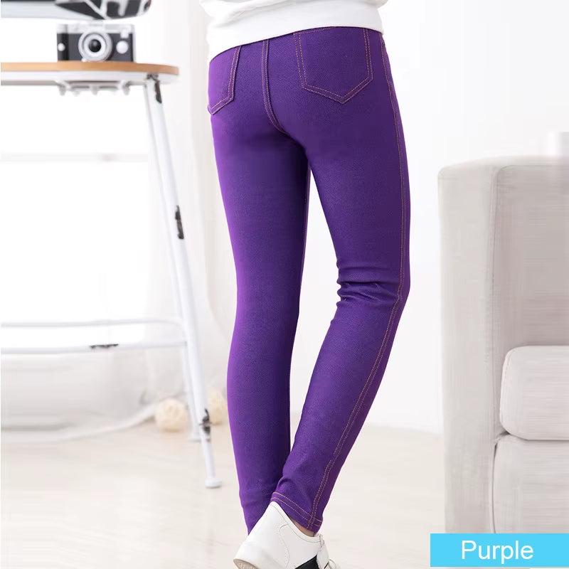 Sheecute New Spring Summer Fashion Girls Pencil Knit Imitation Denim Fabric Jeans Kids Candy Colore Mid Waist Full Length Pants.