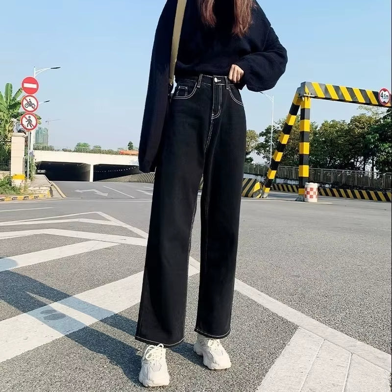 Jeans Women All-Match Korean Style Mopping Trousers Denim Vintage Black Solid High Waist Autumn Baggy Chic Ulzzang Street Casual.