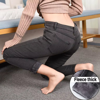 Warm Winter Size Slim Jeans Women Advanced Stretch Cotton Denim Pants Thick Fleece Student Trousers Blue Black Gray.