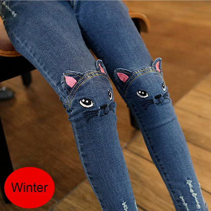 Cute Cartoon Pattern Kids Jeans Spring Autumn Winter Lovely Cat High Quality Children Pants Casual Trouses Baby Girls Jeans.