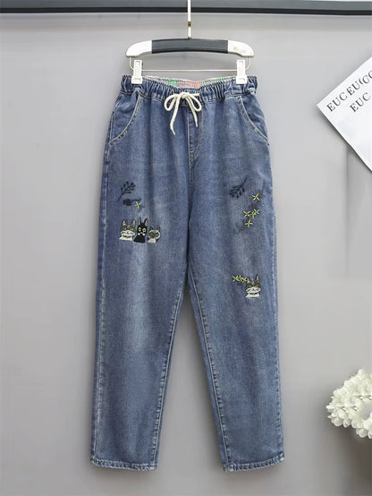 8265 Women Fashion Korea Style Cartoon Cat Embroidery Baggy Elastic Waist High Waist Denim Cropped Pants Female Harem Jeans.