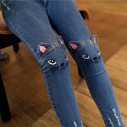 Cute Cartoon Pattern Kids Jeans Spring Autumn Winter Lovely Cat High Quality Children Pants Casual Trouses Baby Girls Jeans.