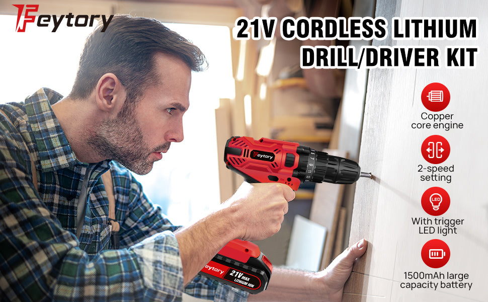 21-V-Batteriebohrmaschine, Elektroschrauber mit 45 Nm, 25+1 Spanndrehmomenteinstellungen, 29-teiliges Zubehör, LED-Licht, Sicherheitsbohrmaschine