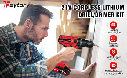 21-V-Batteriebohrmaschine, Elektroschrauber mit 45 Nm, 25+1 Spanndrehmomenteinstellungen, 29-teiliges Zubehör, LED-Licht, Sicherheitsbohrmaschine