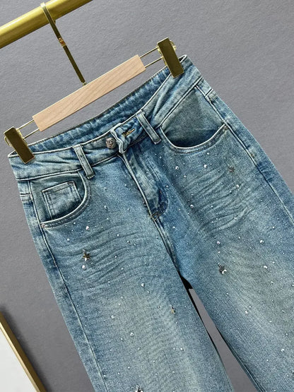 Rhinestone XINGX Pendant Design High Waist Wash Jeans Women'S Summer Loose Slimming and All-Matching Straight-Leg Pants.
